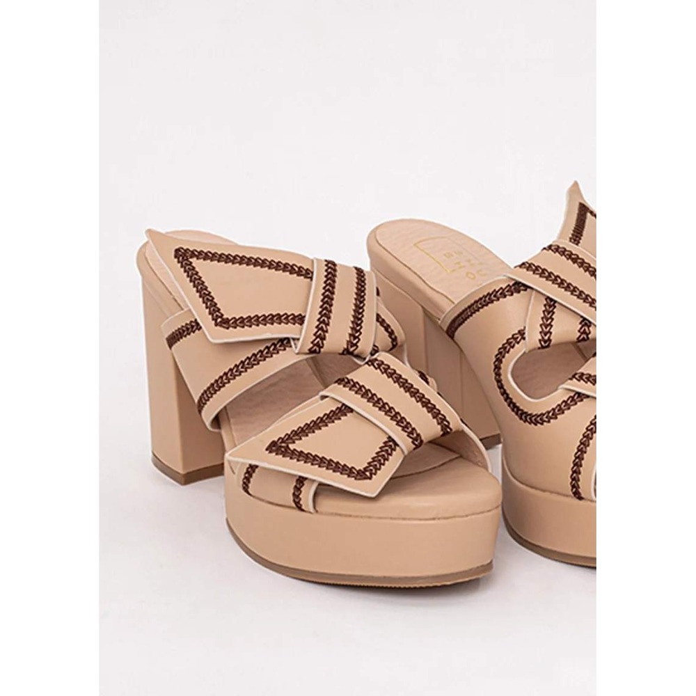 Shu Shop Honey Nude Platform Block Heel Sandals Braided Embroidery Womens 8